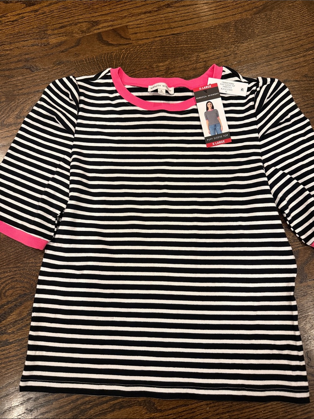 Rebecca minkoff Striped Black & White Kids Top with Pink Trim - X-Large